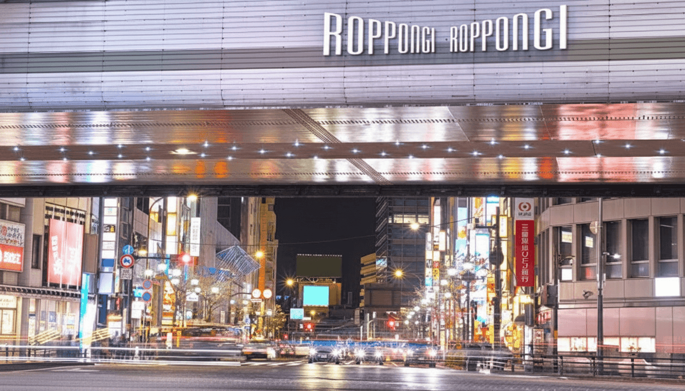 Roppongi Hills plaza illuminated at night with Maman sculpture, Tokyo, Japan
